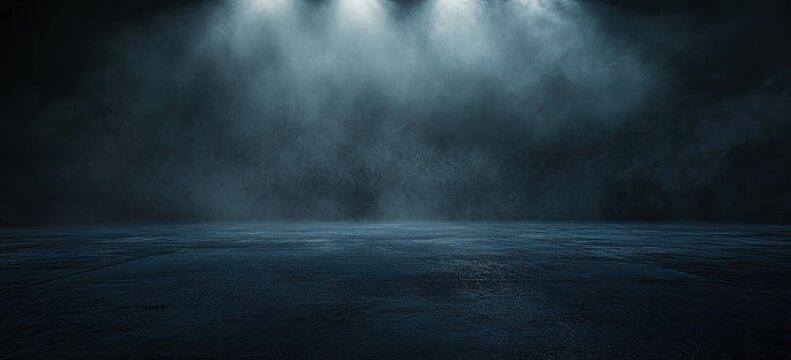 Cinematic foggy background with concrete surface and focused spotlight, ideal for tech product reveals, electronic press kits, and mystery-themed digital advertising.