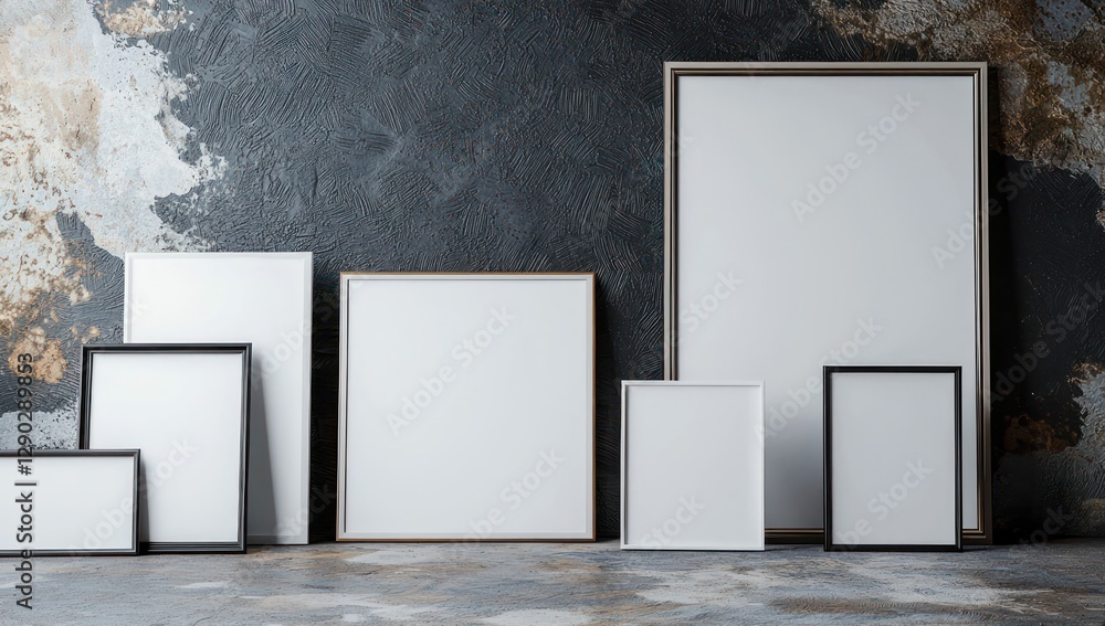 Poster portfolio display setup in a photo studio with blank frames on a dark wall.