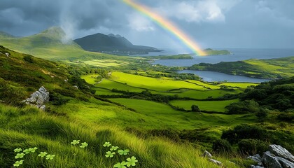 Irish coastal rainbow, green hills