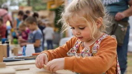 Portrait of a little Caucasian girl attending a children's woodworking class outdoors