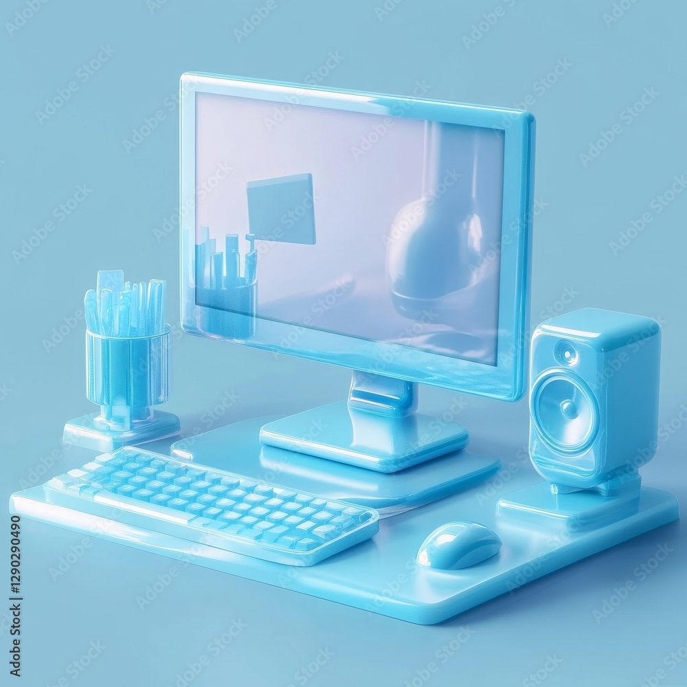 Poster aqua workspace: minimalist desktop setup with monitor, keyboard, speaker, and accessories in a unifi