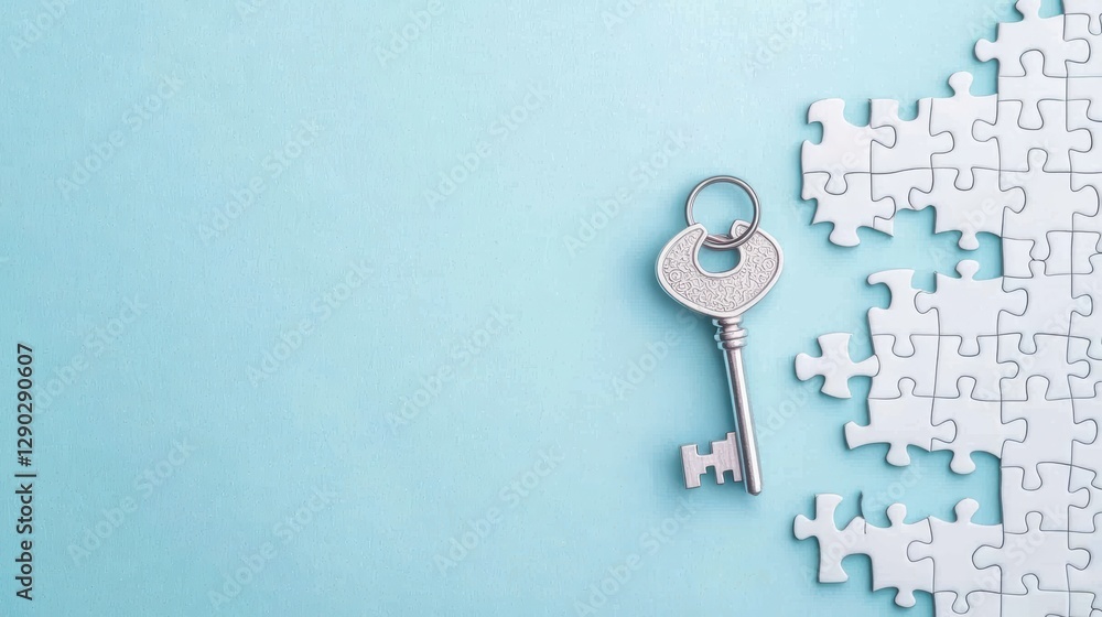 Poster a silver key with its head shaped like a puzzle piece, placed next to a partially completed jigsaw p