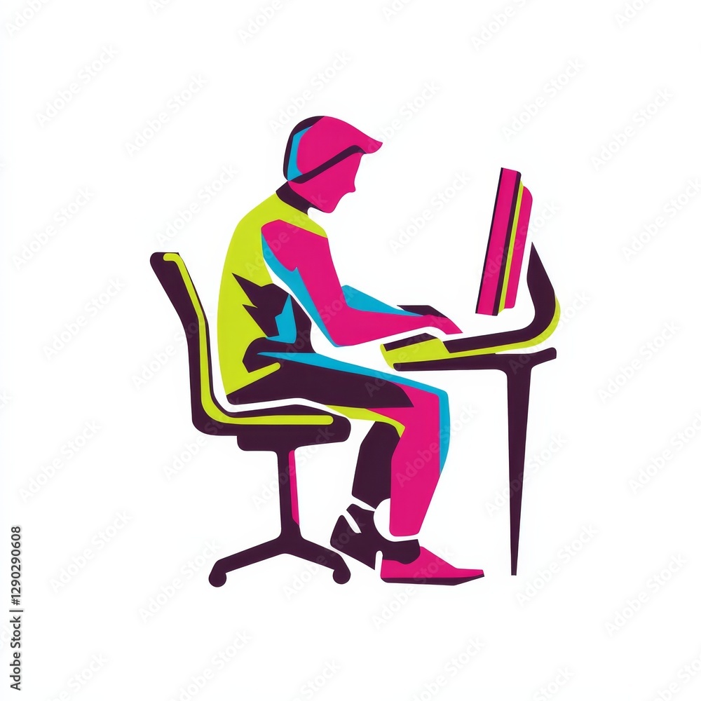 Poster colorful illustration of a person working on a desktop computer, featuring a modern and stylized des