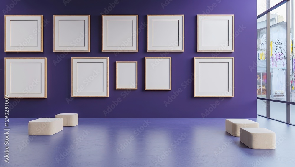 Poster artistic studio with minimalist design and empty frames on purple wall.