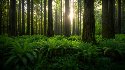 Obraz premium Sunlight Streaming Through a Lush Green Forest