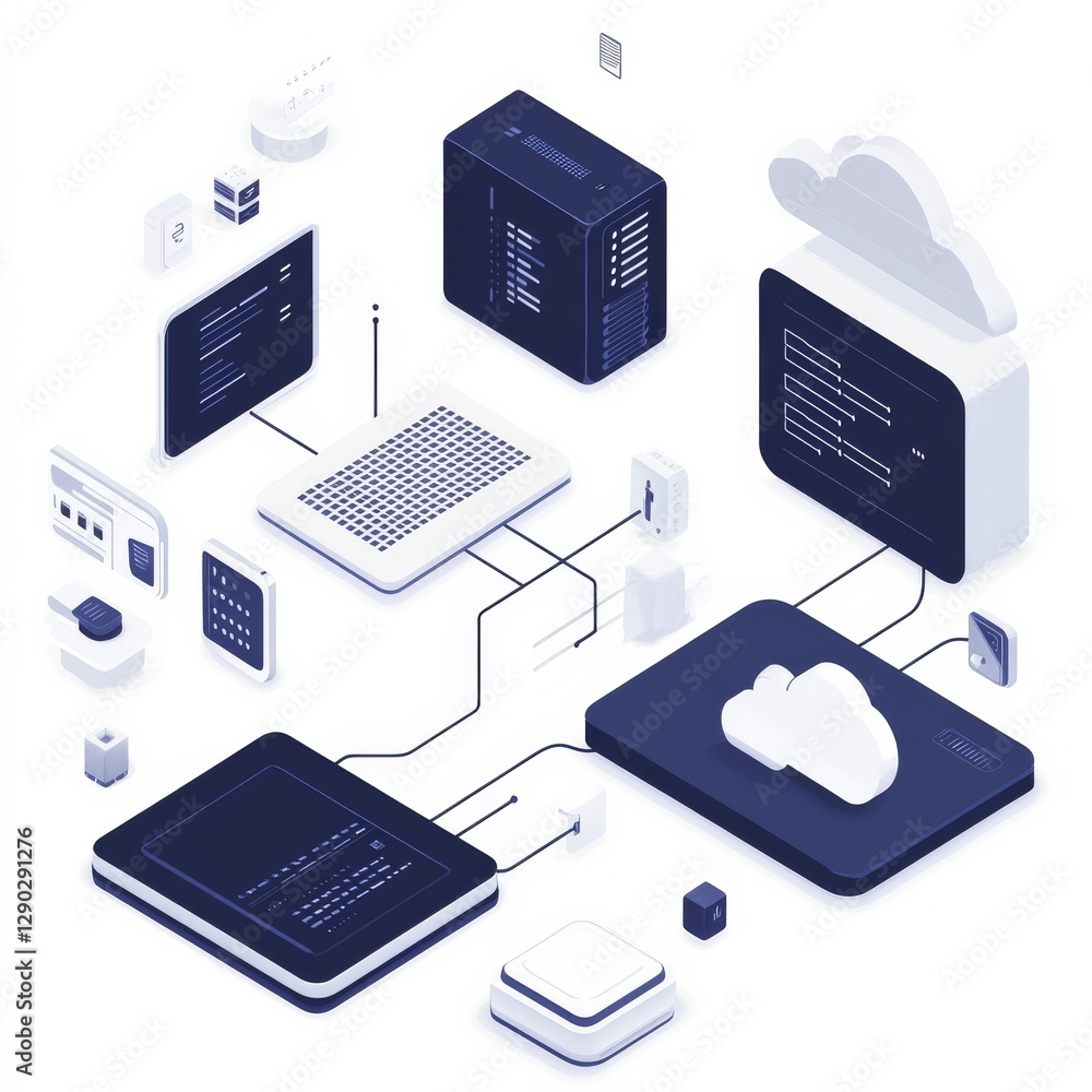 Poster isometric cloud computing network: server, data, connectivity and digital infrastructure