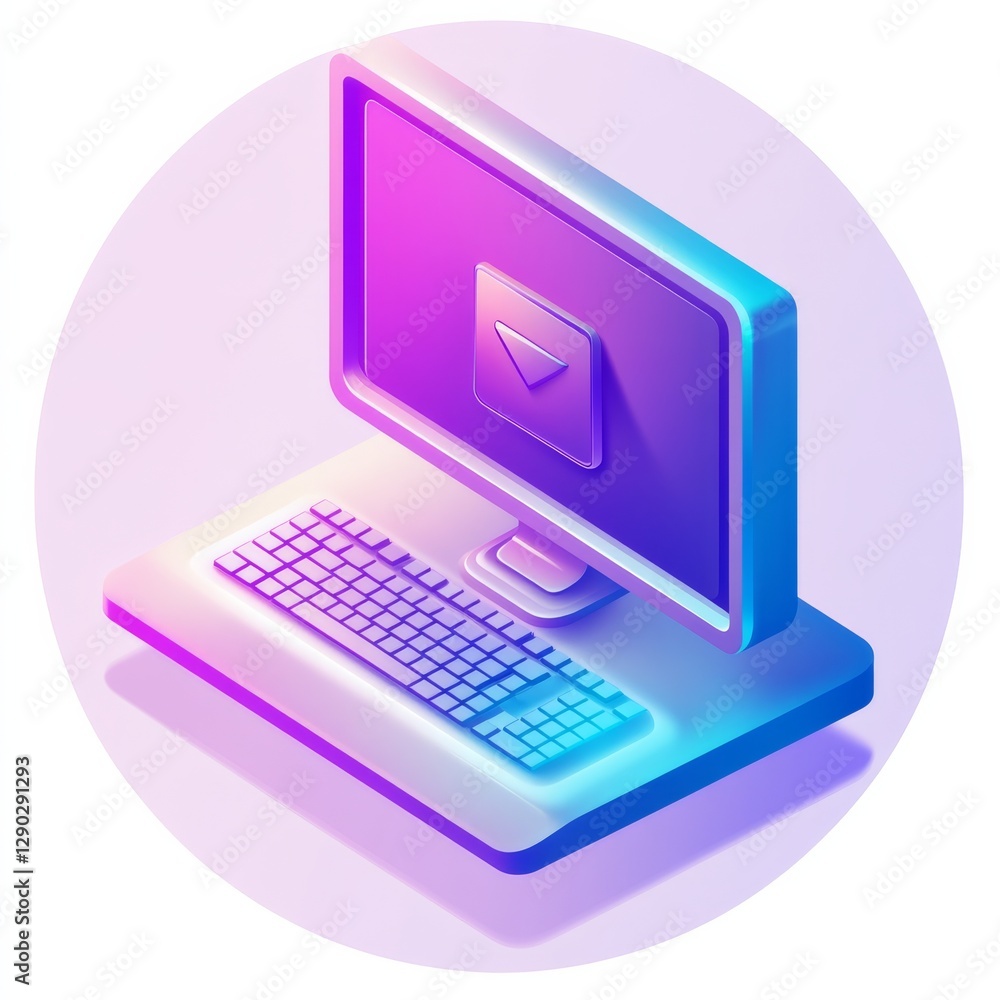 Aufkleber isometric computer with glowing keyboard, screen, and play button in modern vibrant colors.