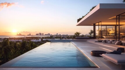 Fototapeta premium Contemporary villa featuring a breathtaking rooftop infinity pool.