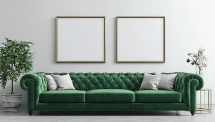 Contemporary living room with emerald sofa and two square frames, 3D rendered.