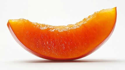A glossy slice of persimmon, vivid orange with smooth edges, isolated on a clean white surface 