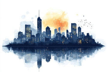 watercolor city skyline is beautifully reflected in water, with vibrant sunset in background, creating serene and artistic atmosphere