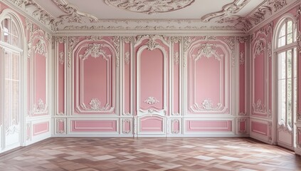 Obraz premium Pink-white room with decorative molding and flooring, 3D render.