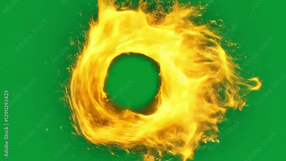 Poster Fiery ring spinning clockwise on green chroma key background, providing dynamic visual element for motion design and compositing workflows