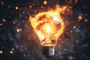 light bulb engulfed in flames symbolizes energy and creativity, with sparks flying around