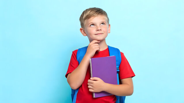 Thoughtful young schoolboy wearing a backpack and holding a book, looking up with a curious expression against a bright blue background