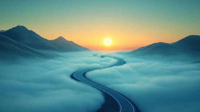 A winding road disappearing into the distance, enveloped in a thick fog that is slowly being lifted by the rising sun, revealing hints of the surrounding landscape and creating a sense of intrigue.