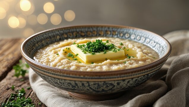 Milk and butter porridge, healthy breakfast, saurce of slow carbohydrates, Healthy breakfast of creamy porridge topped with butter and chives in an ornate bowl with a bokeh background