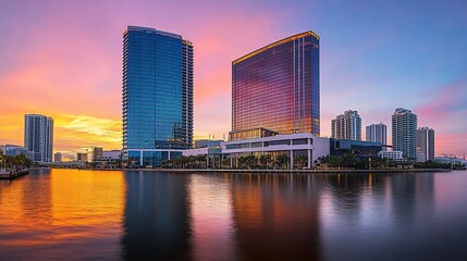 Naklejka premium Sunrise cityscape with modern skyscrapers reflected in calm water.