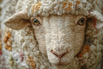 Intricate wool embroidered sheep portrait with soft textured details