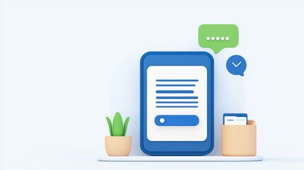 Customer Satisfaction, Expectation, and Value. Digital device displaying messages with plants and icons in a modern workspace.