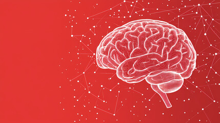 White brain outline with network of lines on red background
