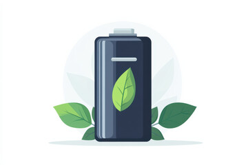 battery with green leaf symbolizing eco friendly energy solutions and sustainability. illustration emphasizes renewable energy and environmental conservation