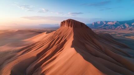 Naklejka premium Aerial view of a desert landscape with canyons, mesas, and rock formations as the sun rises, casting long shadows and highlighting the dramatic geological features and vastness of the region.