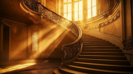 A spectacular spiral staircase with elegant handrails in an ancient historic building, deep shadows and warm golden light create a contrast.
