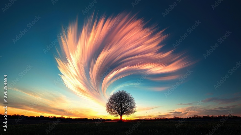Poster feathery cirrus clouds high in the sky catching the last rays of the setting sun, transforming into 