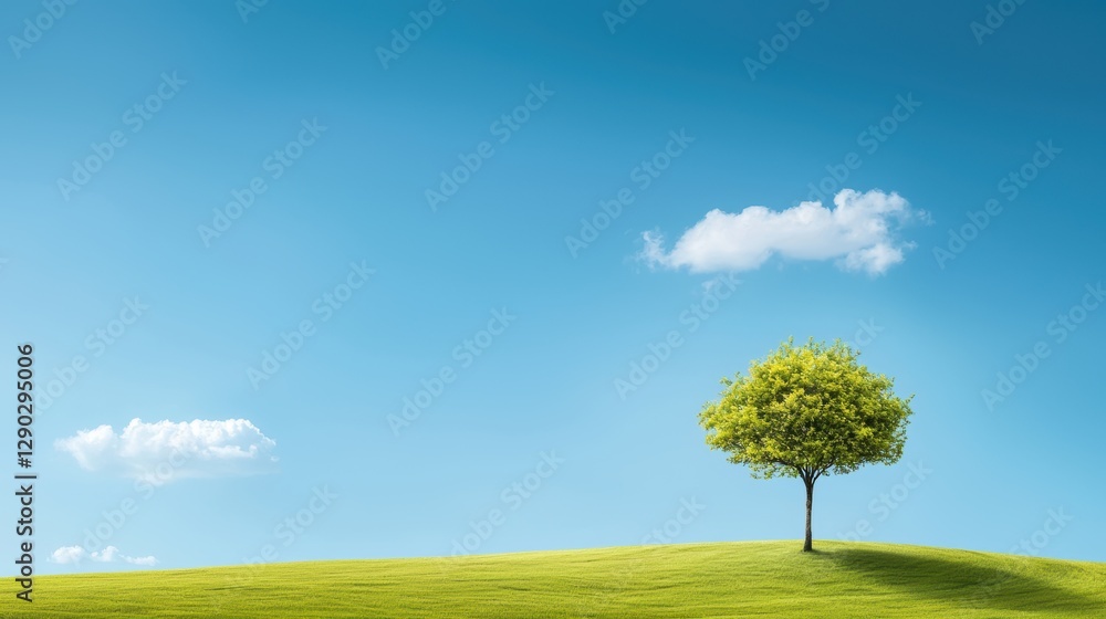 Poster a lone tree standing tall in a field, its branches reaching up towards a perfect blue sky with a few