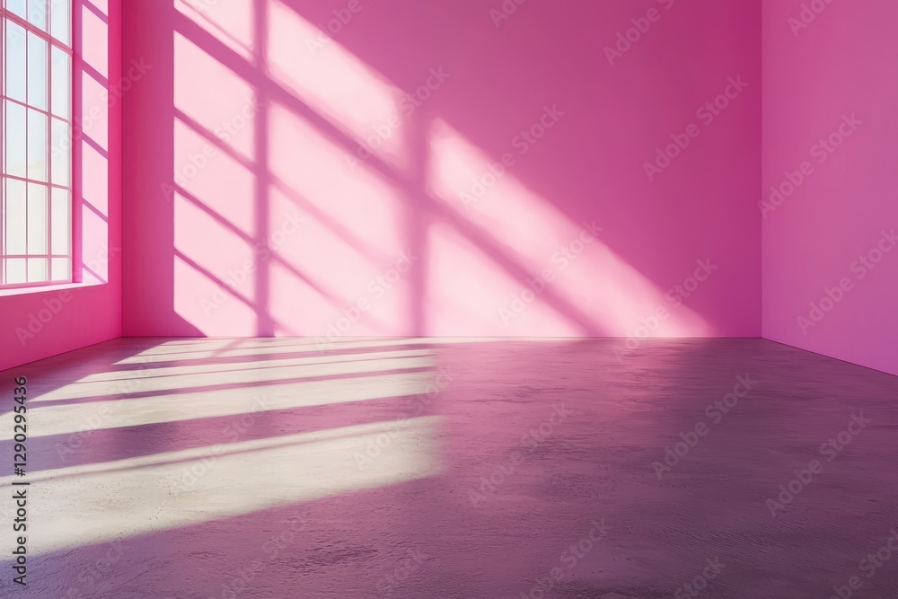 Poster sunlight in a bright pink room creating shadows on a concrete surface, visualized in 3d.