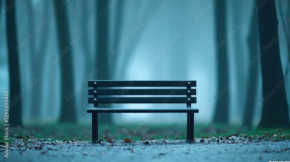 Poster a lone bench sitting empty in a park, surrounded by trees and enveloped in the soft, diffused light 
