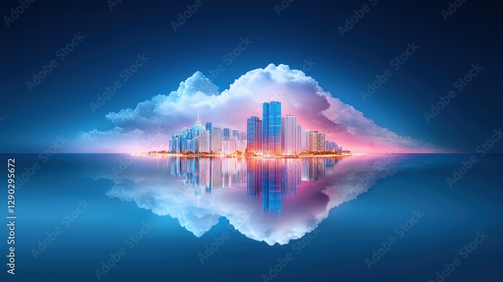 Poster a city skyline reflected in the still waters of a harbor at night, with clouds overhead adding depth
