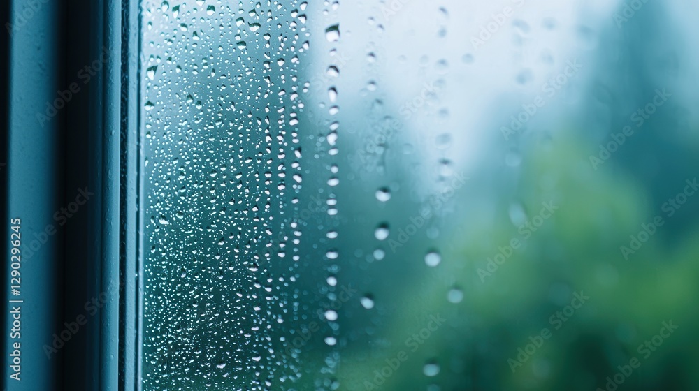Poster a windowpane streaked with raindrops, the view beyond obscured by a curtain of heavy, gray clouds, c