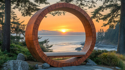 Obraz premium Wooden Circle Bench Sunset Ocean View