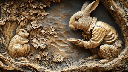 Two rabbits carved in wood one is offering food
