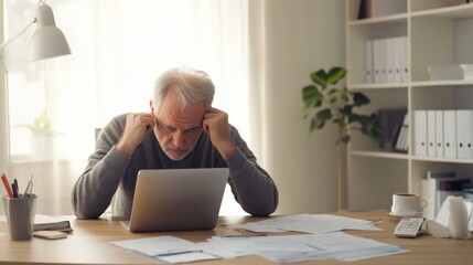 Retirement financial stress in a minimalist study. Featuring contemplation and worry