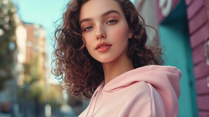 Obraz premium Portrait of a Young Woman with Curly Hair in a Pink Hoodie, Urban Setting