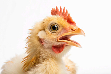 Portrait of a funny chickens, closeup, isolated on white background