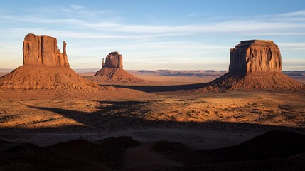 Monument Valley buttes at sunset, long shadows.
