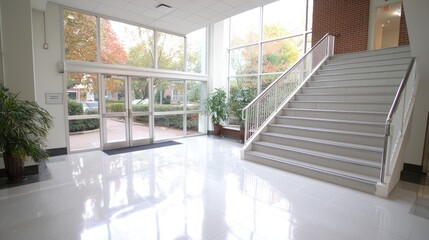 Modern building lobby with stairs, entrance, and plants