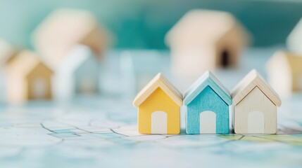 A row of house icons in different sizes and colors arranged on a city map, symbolizing a diverse housing market or real estate listings.