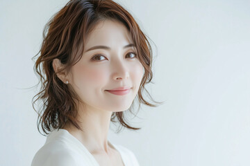 A woman of about 40 years old. Japanese. Beautiful. No wrinkles. letting down the hair. The background is white
