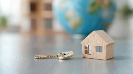 A compass and a house key lying on a table with a globe in the background, symbolizing global real estate investments, international property markets, and relocation.