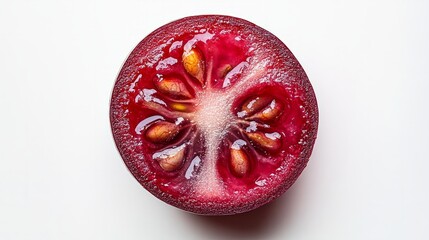 A single slice of red grape, translucent with seeds visible, contrasted against white