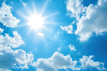 Bright blue sky with fluffy white clouds and radiant sunlight, ideal for travel agency promotions, wellness blog headers, and outdoor product advertising campaigns.