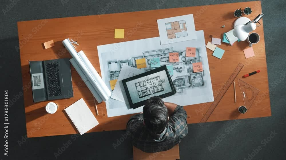 Poster top view of project manager looking at blueprint while sitting at meeting table with tablet. aerial 