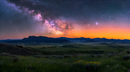 Night Sky Panorama with Milky Way over Mountains and Field