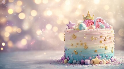 Festive pastel ombre birthday cake decorated with sprinkles, stars, candy, and a crown.