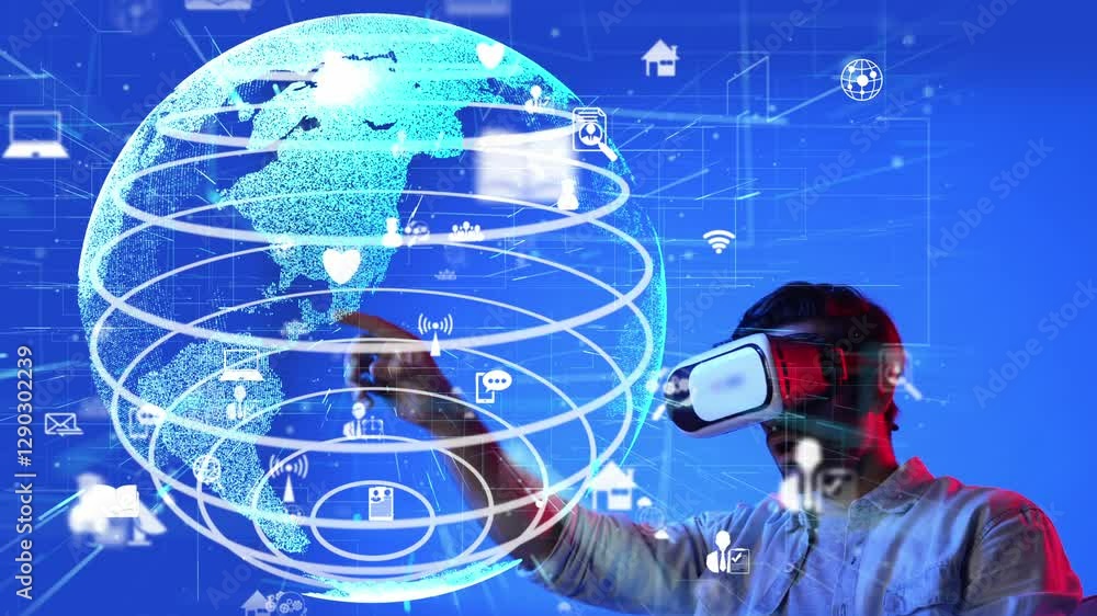 Poster excited man looking global connection hologram by using vr glasses. skilled investor checking and lo